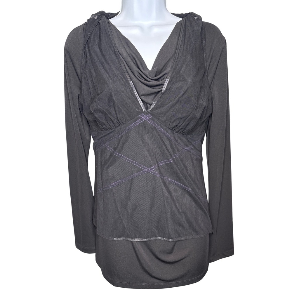 NYDJ Womens Black Mesh Overlay Cowl Neck Long Sleeve Top Size M Witchy Boho Goth
